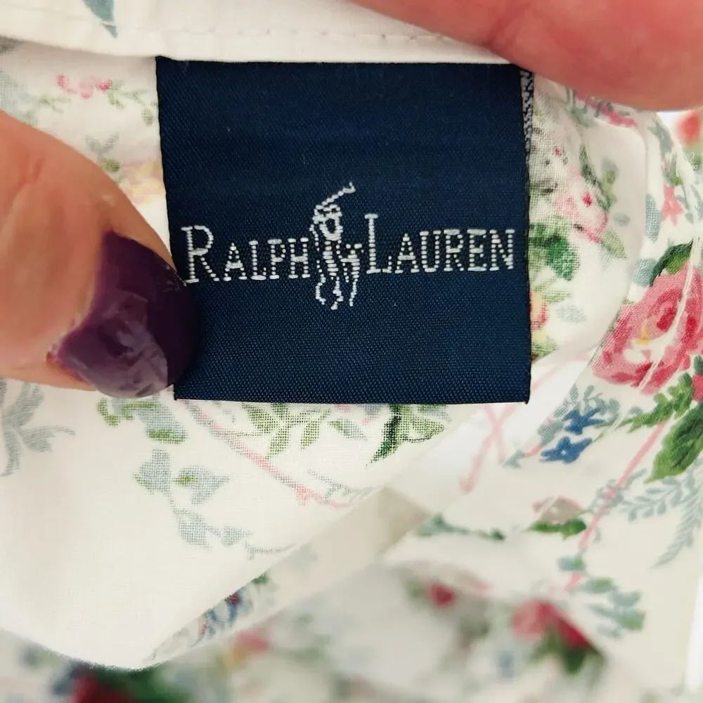 Ralph‎ Lauren Blaine Ruffled Flat Bed Sheet White Floral Cottagecore 84x96 Full